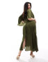 Фото #4 товара ASOS DESIGN Curve satin flutter sleeve asymmetric hem midi dress in olive green