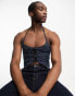 COLLUSION denim look halter neck top in dark blue