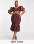 Фото #1 товара ASOS DESIGN Curve puff sleeve wiggle lace diamante belt midi dress in chocolate