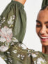 ASOS DESIGN – Gestuftes Minikleid mit Blouson-Ärmeln, Kreuzstich-Stickerei und Bindedetail in Khaki