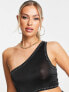 Фото #3 товара ASOS DSIGN one shoulder hot fix cut out crop top in black