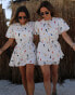 Labelrail x Collyer Twins mini puff sleeve dress in seahorse print with woven tie waist in white