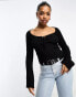 Miss Selfridge lace up detail sweetheart neck flare sleeve knit rib top in black Черный, 36 - фото #1