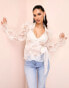 Фото #2 товара ASOS LUXE sheer organza floral wrap blouse with tie detail in white