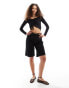 Monki long sleeve cropped ruched asymmetric top in black