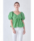 Women's Gingham Twisted Puff Sleeve Top