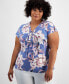 Фото #1 товара Plus Size Floral-Print Lace-Up-Neck Top, Created for Macy's
