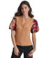 Фото #1 товара Women's Mixed Media Contrast-Rib-Knit-Sleeve Henley Top