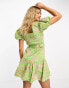 Miss Selfridge cotton flax belted frill hem mini dress in green floral