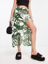 Фото #4 товара ASOS DESIGN natural slub ruched side midi skirt in green tropical print