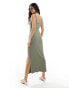 Фото #2 товара & Other Stories knitted sleeveless midi column dress in khaki green