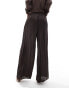 River Island plisse satin wide leg trouser co-ord in dark brown