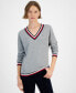 ფოტო #1 პროდუქტის Women's Contrast-Trim V-Neck Sweater