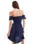 Stradivarius off shoulder shirred mini dress in blue BLAU, XS - фото #4