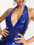 ASOS DESIGN embellished plunge halterneck jumpsuit in blue square sequin