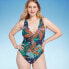Фото #3 товара Women's Shirred Plunge One Piece Swimsuit - Shade & Shore Multi Floral Print L