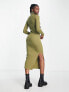 Фото #3 товара COLLUSION rib roll neck long sleeve midi dress in green