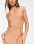 ASOS DESIGN scoop neck satin midi slip dress with tie waist detail in tan