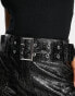 Фото #2 товара Miss Selfridge patent croc mid rise belted mini skirt in black