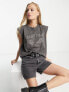 ASOS DESIGN washed oversized tank with drop arm hole with lost tour rock graphic in washed charcoal