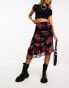 Wednesday's Girl bloom print asymmetric mesh skirt in black and red