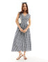 YAS shirred waist v neck midi dress in navy gingham - MULTI