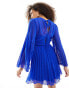 Фото #4 товара ASOS DESIGN tie back fluted sleeve pleated chevron chiffon mini dress in dark blue