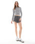 Miss Selfridge long sleeve rib crew neck top in charcoal and white stripe