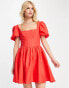 Фото #1 товара ASOS DESIGN corset linen mini skater dress with puff sleeve in red