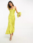 Never Fully Dressed asymmetric contrast satin slip dress in chartreuse