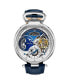 Men's Automatic Dual Time Alloy Case Skeleton Dial Alligator Embossed Genuine Leather Strap Watch