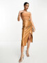 Фото #1 товара ASOS DESIGN mesh ruched cami drape satin midi dress in gold