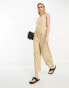 Vero Moda Tall linen touch tie back jumpsuit with pleat front wide leg in beige