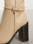 River Island knee high boot with buckle detail in beige