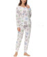 Women's Printed Microfleece V-neck Long Sleeve Top with Jogger 2 Pc Pajama Set