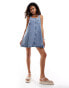 Noisy May denim pinafore dress in mid wash blue