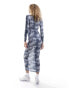 COLLUSION long sleeve slash neck acid wash maxi dress in blue