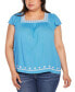 Black Label Plus Size Boho Embroidered Square Neck Top Blue Moon/White, 3X - фото #1