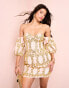 Фото #1 товара ASOS LUXE gem embellished off shoulder puff sleeve cotton mini dress in pink & gold