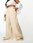 Vila Curve linen touch button tab wide leg trousers in beige