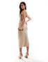 ASOS DESIGN faux suede scooped halter midi dress with crossed back straps in stone