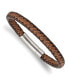 ფოტო #1 პროდუქტის Stainless Steel Polished Brown Braided Leather Bracelet