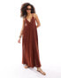 ASOS DESIGN strappy v neck maxi dress with broderie skirt in brown