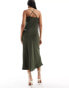 New Look cross back satin slip dress in dark khaki