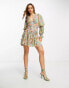 ASOS DESIGN ruched waist plunge mini dress with ruffle skirt and open back detail in blurred floral print