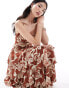 Pretty Lavish shirred bust tiered ruffle maxi dress in brown floral Braun geblümt, 36 - фото #4