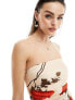 ASOS DESIGN satin bandeau mini dress with gathered waist detail in cream rose print