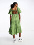 Monki tiered midi smock dress with puff sleeves in green check