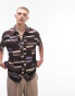 Topman oversized print plisse button though polo in brown