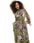 & Other Stories drapey midaxi dress with ruche tie volume sleeves and tiered hem in floral leaf print